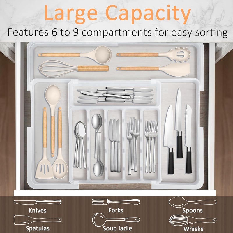 Spaclear Large Silverware Drawer Organizer Expandable Kitchen Utensil Organizer BPA Free Flatware Cutlery Holder Tray Adjustable Plastic Drawer Divider Storage for Forks Knives 6-9 Slots White - Image 4